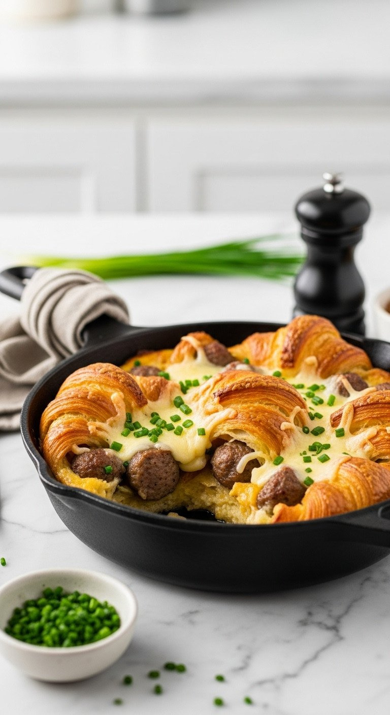 Golden-Brown Savory Sausage Croissant Brunch Bake, Melted Gruyère Cheese, Fresh Chives In Cast-Iron Skillet On Marble Counter.