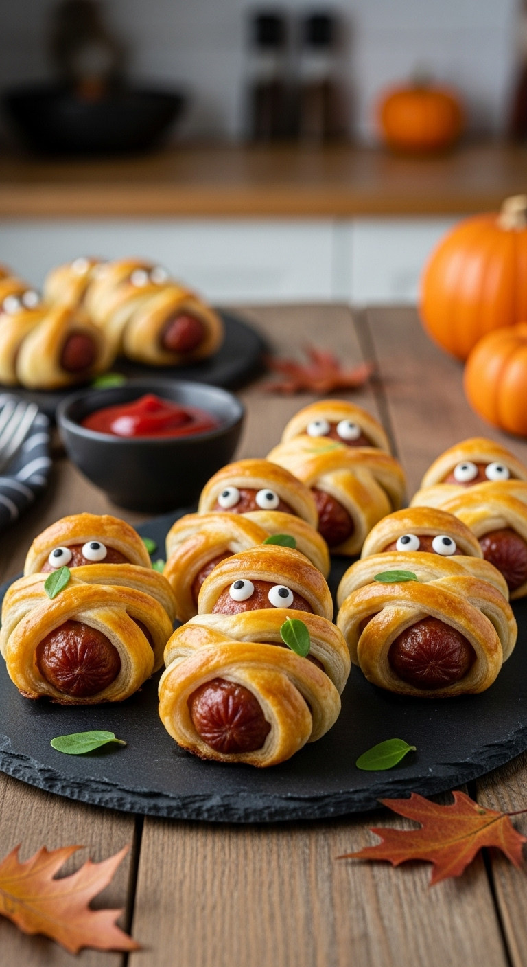 Golden Brown Savory Sausage Mummies On A Dark Slate Platter With Flaky Pastry And Candy Eyes For Halloween Brunch