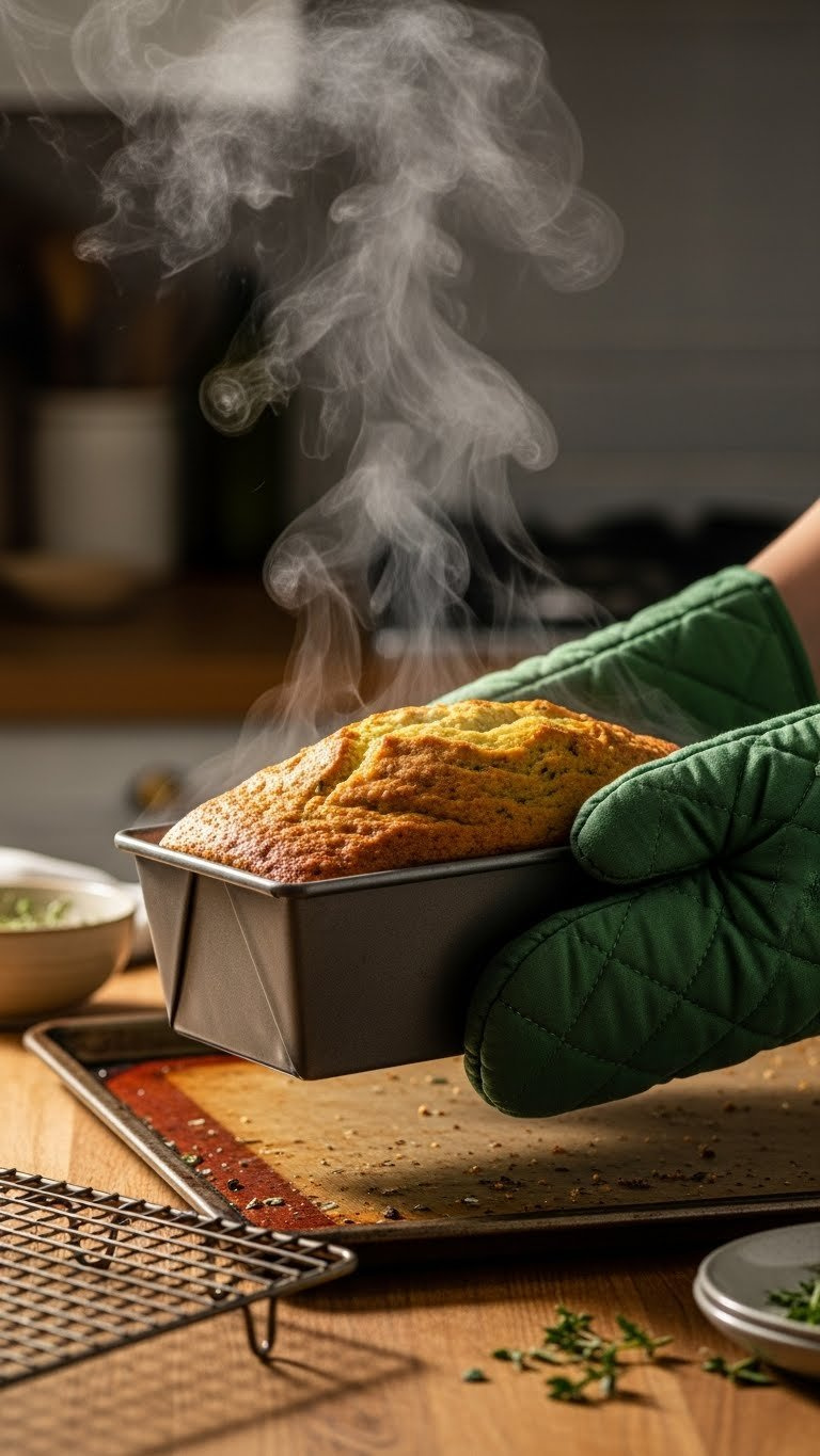 Golden Brown Savory Zucchini Bread Loaf Being Removed From Oven With Steam Rising From Rustic Metal Pan.