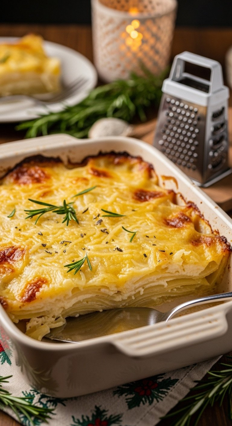 Golden-Brown Scalloped Potato Casserole In A Rustic Dish, Creamy Layers &Amp; Crispy Edges Visible, With Fresh Rosemary.