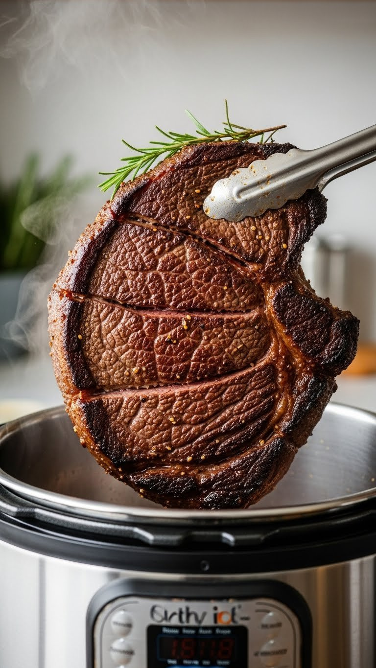 Golden-Brown Seared Beef Chuck Roast In An Instant Pot With Rosemary Sprigs, Capturing Rich Texture For Pressure Cooking.