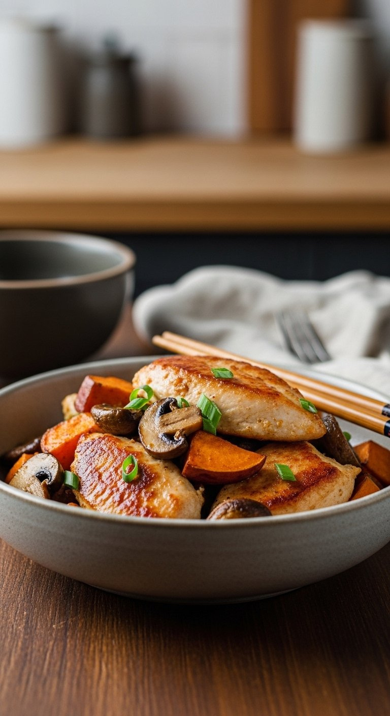 Golden-Brown Seared Chicken Breast Pieces Mixed With Caramelized Sweet Potato And Mushrooms In A Rustic Stoneware Bowl.