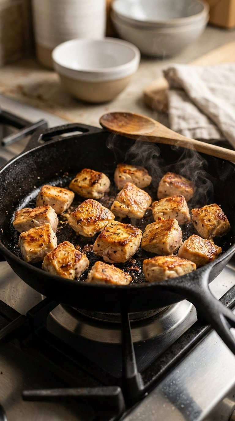 Golden-Brown Seared Chicken Cubes Sizzling In A Black Cast Iron Skillet With Steam Rising.