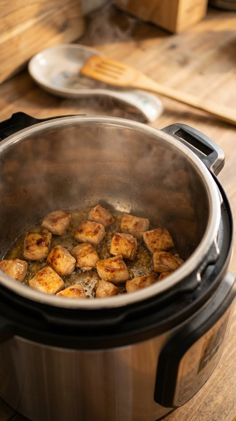 Golden-Brown Seared Chicken Cubes With Caramelized Exterior Brown In An Instant Pot Liner, Steam Rising, Wooden Spoon Nearby.