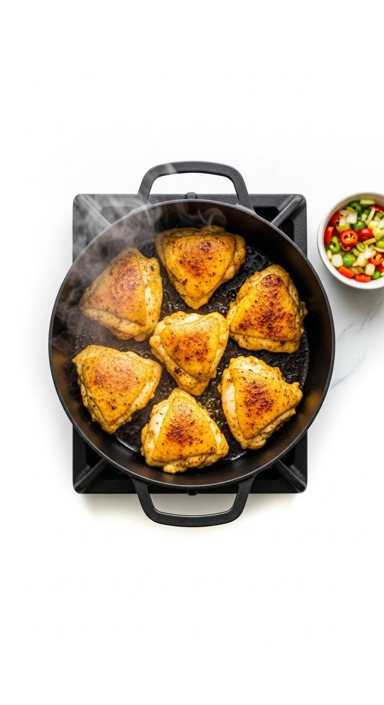 Golden-Brown Seasoned Chicken Pieces Searing And Sizzling In A Dark Dutch Oven Pot.
