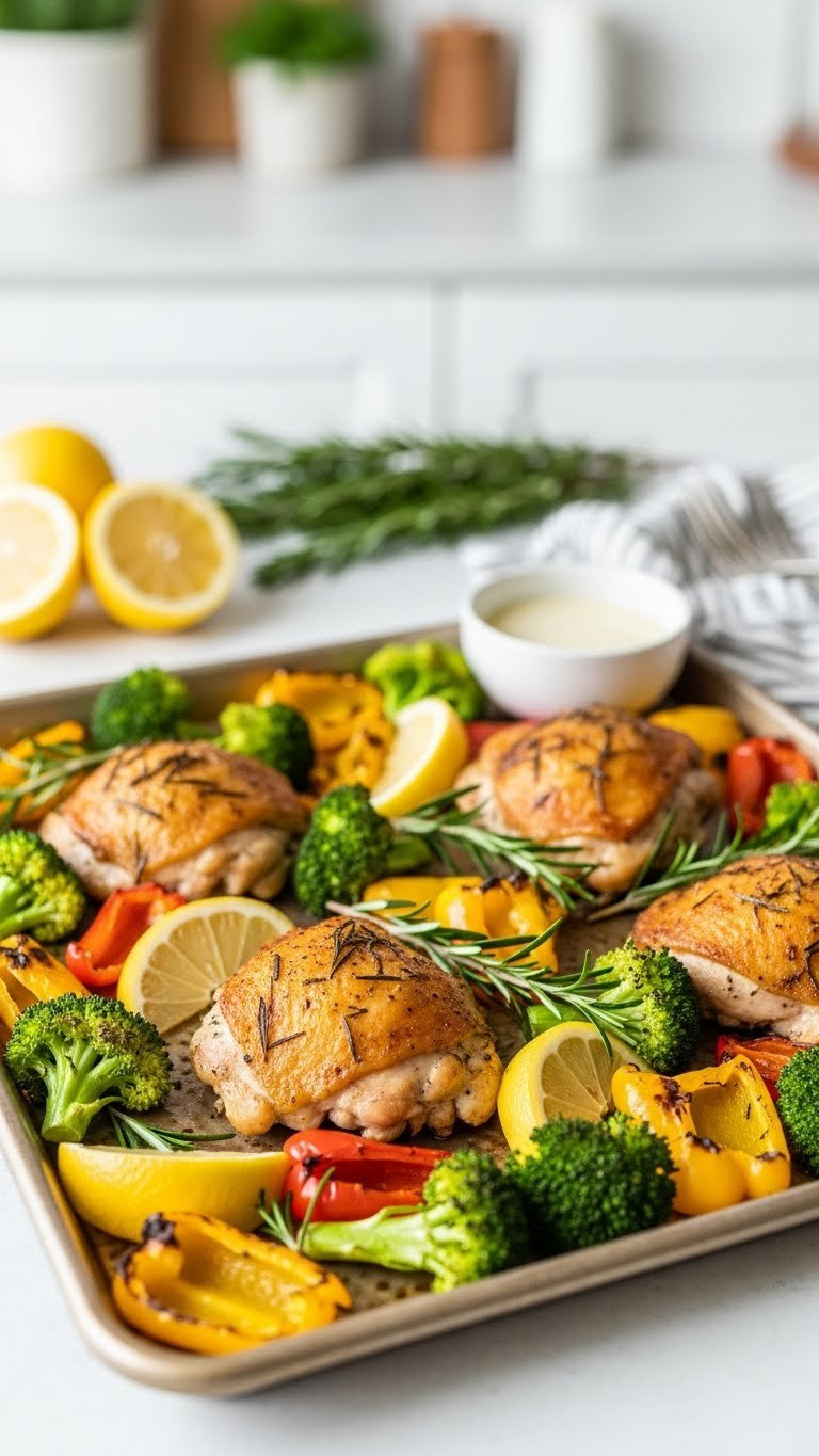 Golden-Brown Sheet Pan Lemon Herb Chicken Thighs With Roasted Broccoli And Colorful Bell Peppers Artfully Arranged On A Metal Baking Sheet