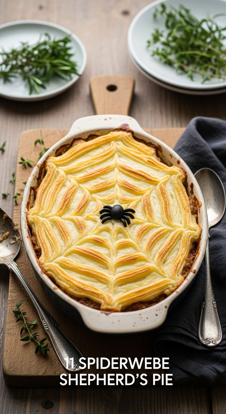 Golden-Brown Shepherd's Pie With A Mashed Potato Spiderweb And Olive Spider, In An Oval Baking Dish For Halloween.