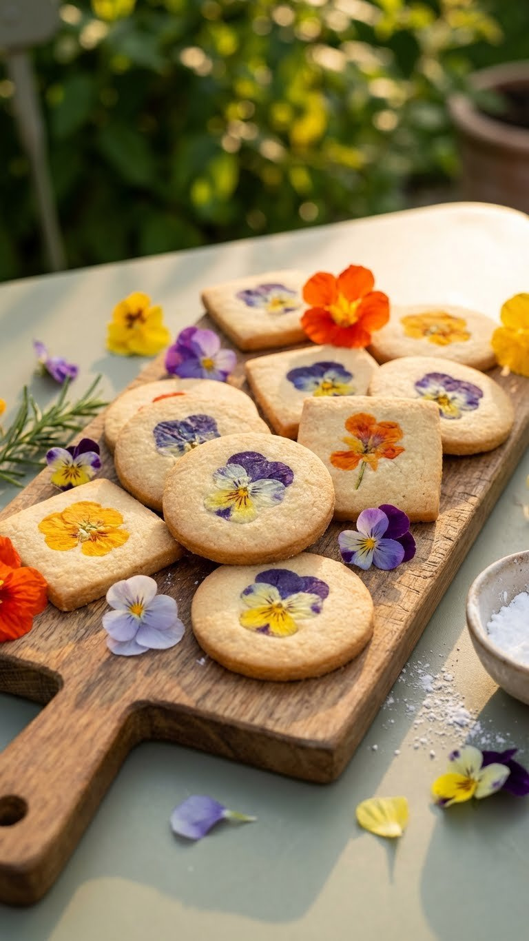 Golden-Brown Shortbread Cookies Embedded With Vibrant Edible Pansy Flowers, Served On A Rustic Wooden Board In A Garden Setting.