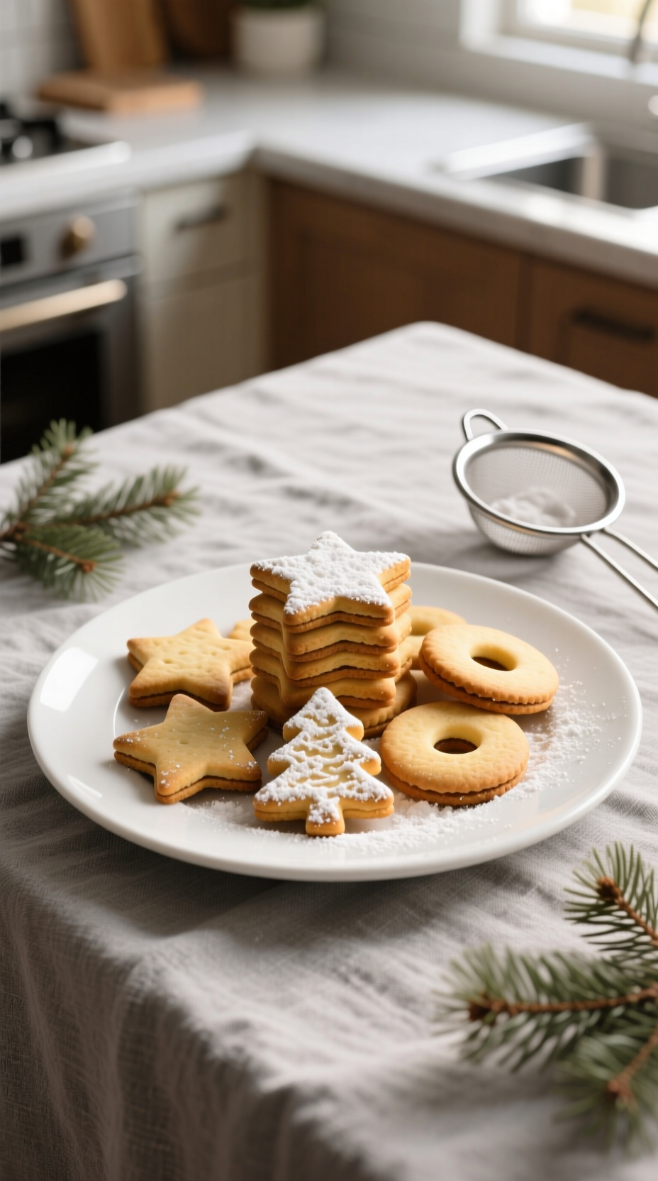 Golden-Brown Shortbread Cookies In Festive Shapes, Dusted With Powdered Sugar, Stacked On White Plate With Pine Needles.