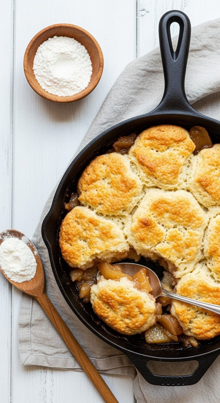 Golden-Brown Skillet Apple Cobbler With Biscuit Topping Over Bubbly Filling In A Cast-Iron Skillet.