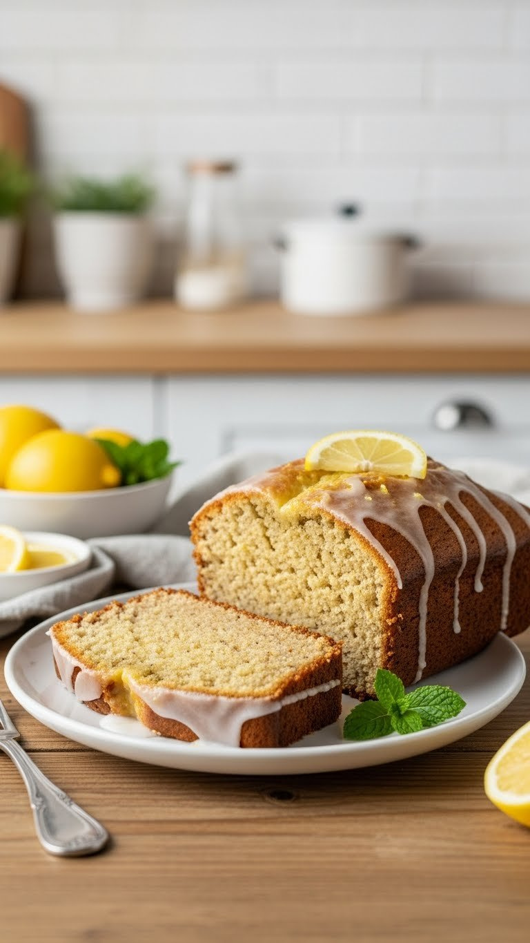 Golden-Brown Slice Of Moist Lemon Loaf Cake With Delicate Glaze On White Plate Next To Remaining Loaf, Surrounded By Fresh Lemons And Mint Sprig On Rustic Wooden Table