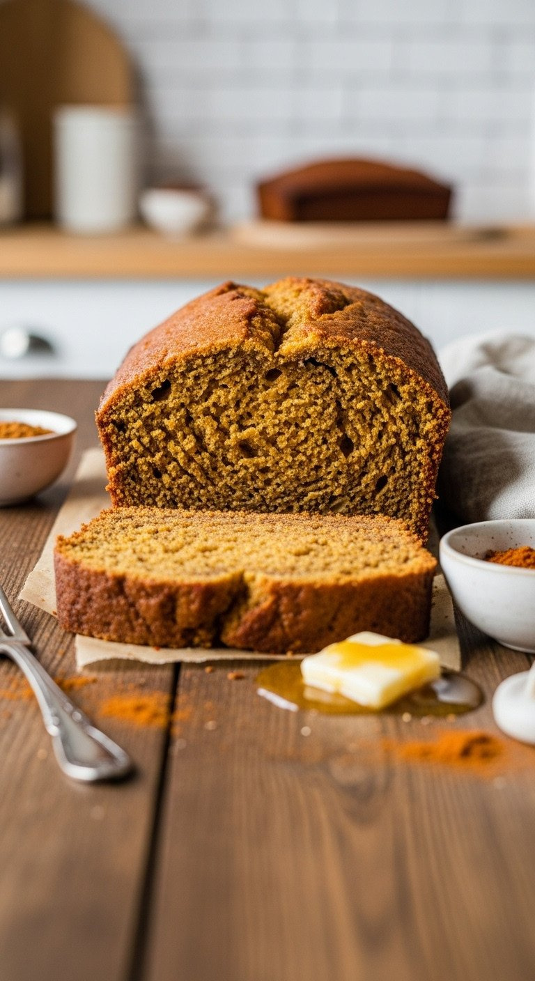 Golden-Brown Slice Of Moist Pumpkin Bread With Tender Crumb And Browned Butter, Fork, And Spices On Rustic Wood In A Cozy Kitchen.