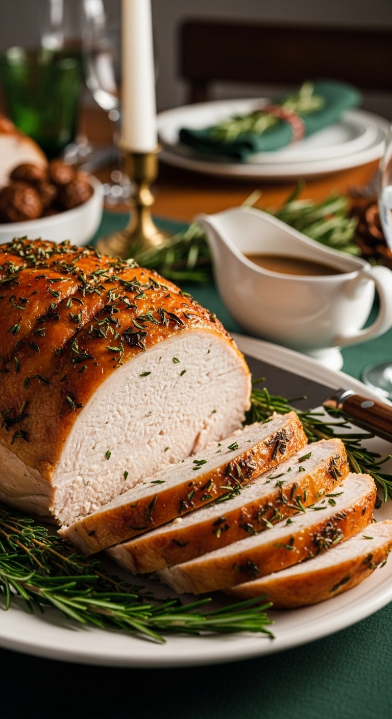 Golden-Brown Sliced Roasted Turkey Breast, Moist White Meat With Crispy Herb Skin, On A Platter With Gravy For Holiday Dinner.