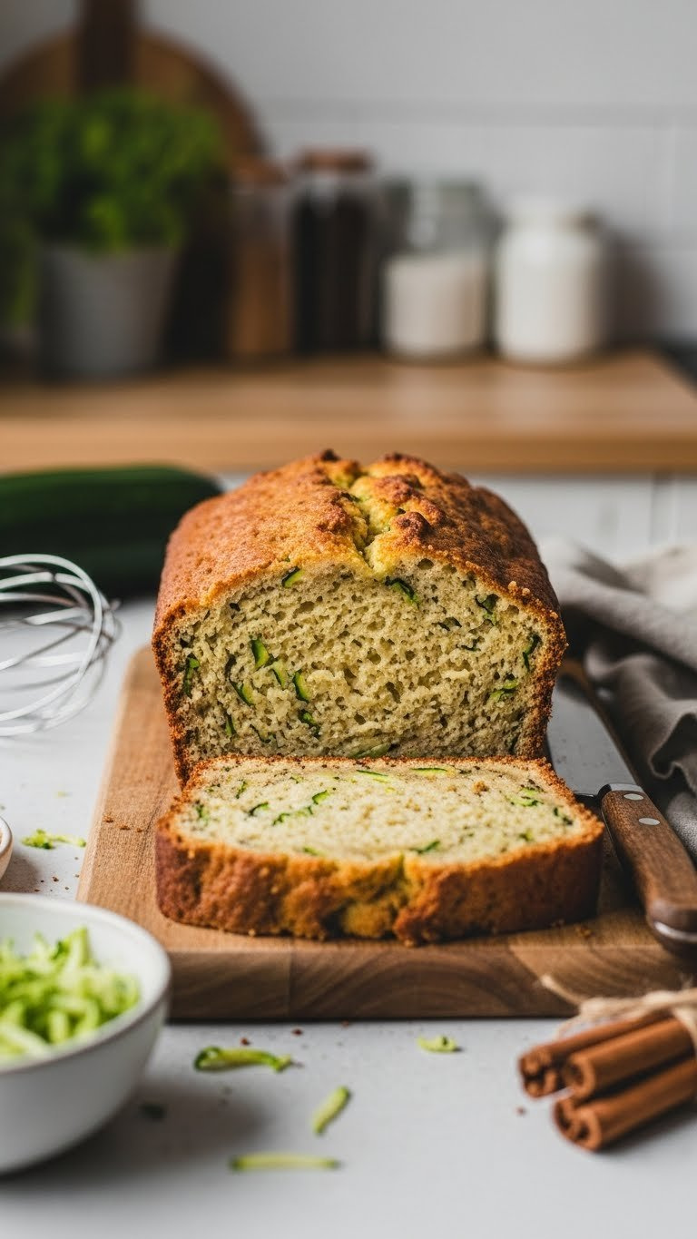 Golden-Brown Sourdough Zucchini Bread Slice With Moist Crumb And Visible Zucchini Flecks On Rustic Cutting Board In Natural Light