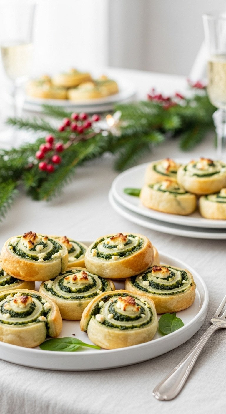 Golden-Brown Spinach And Feta Pinwheels Arranged On A White Ceramic Plate, A Perfect Savory Christmas Appetizer Recipe.