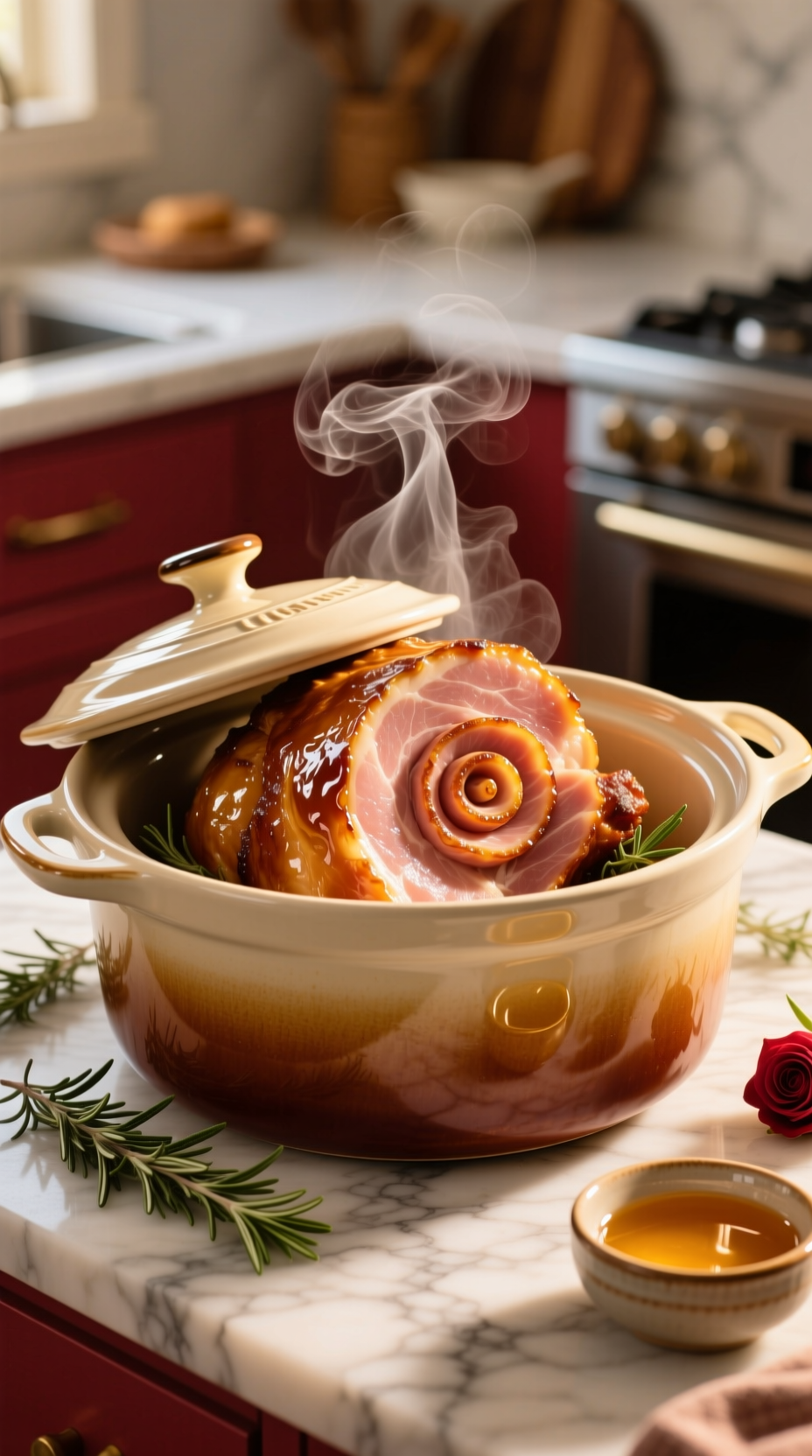 Golden-Brown Spiral-Cut Honey Glazed Ham With Rosemary In A Slow Cooker, Steam Escaping, On A Marble Counter. Perfect Holiday Meal.