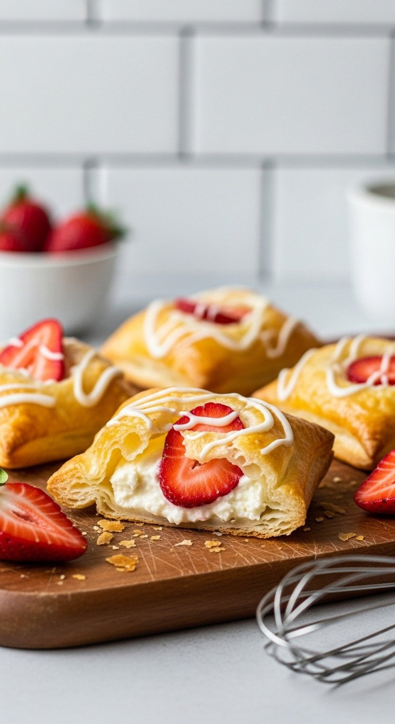 Golden-Brown Strawberry Cream Cheese Puff Pastry Pockets With Flaky Texture, Red Strawberries On A Wooden Cutting Board With Whisk.