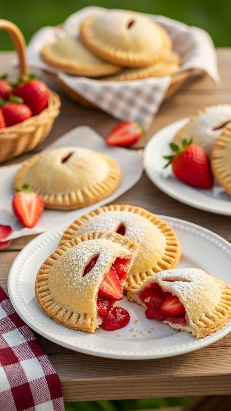 Golden-Brown Strawberry Hand Pies With Crimped Edges And Ruby-Red Filling Dusted With Sugar