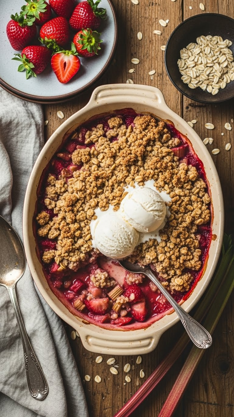 Golden-Brown Strawberry Rhubarb Crisp With Crispy Streusel Topping, Bubbling Fruit, And Melting Ice Cream On Wood.