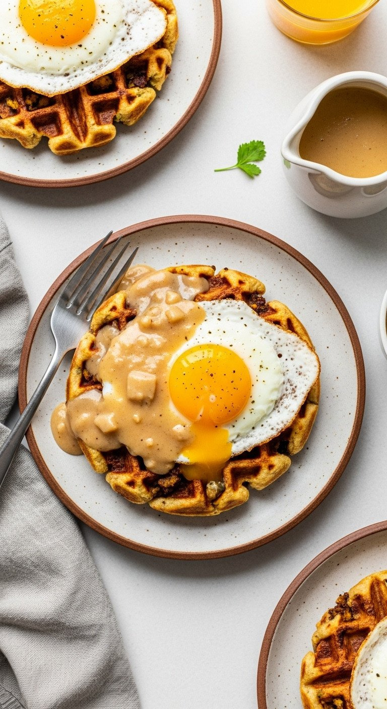 Golden-Brown Stuffing Waffle With Runny Sunny-Side-Up Egg, Drizzled Turkey Gravy On A Rustic Plate. Savory Thanksgiving Brunch.