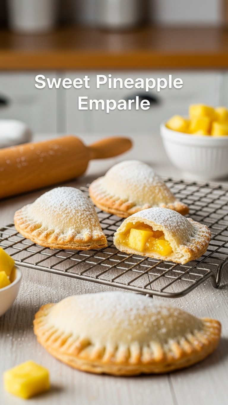 Golden-Brown Sweet Pineapple Empanadas, Half-Moon Shaped, Powdered Sugar, On Cooling Rack With Fresh Pineapple Chunks.