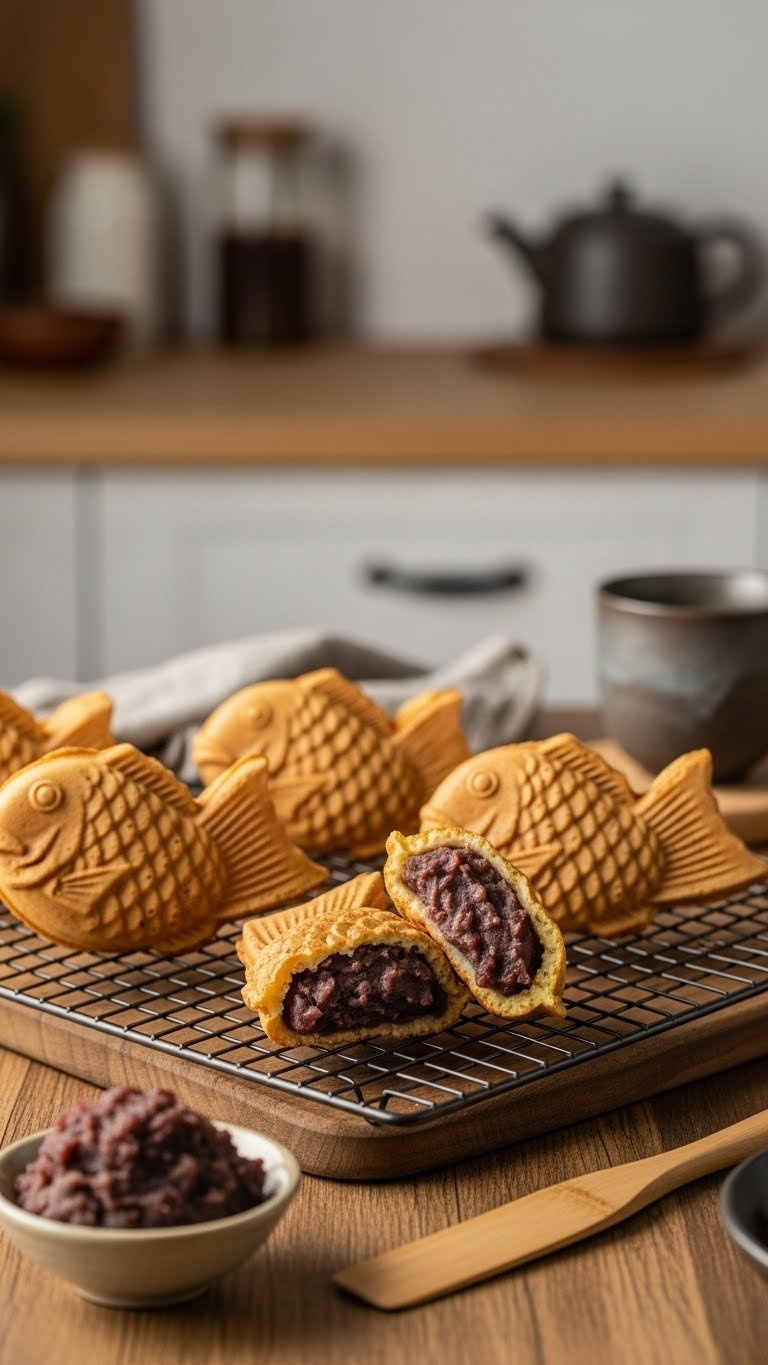 Golden-Brown Taiyaki Fish Cakes With Sweet Red Bean Filling Visible, Arranged On Cooling Rack In Warm Lighting
