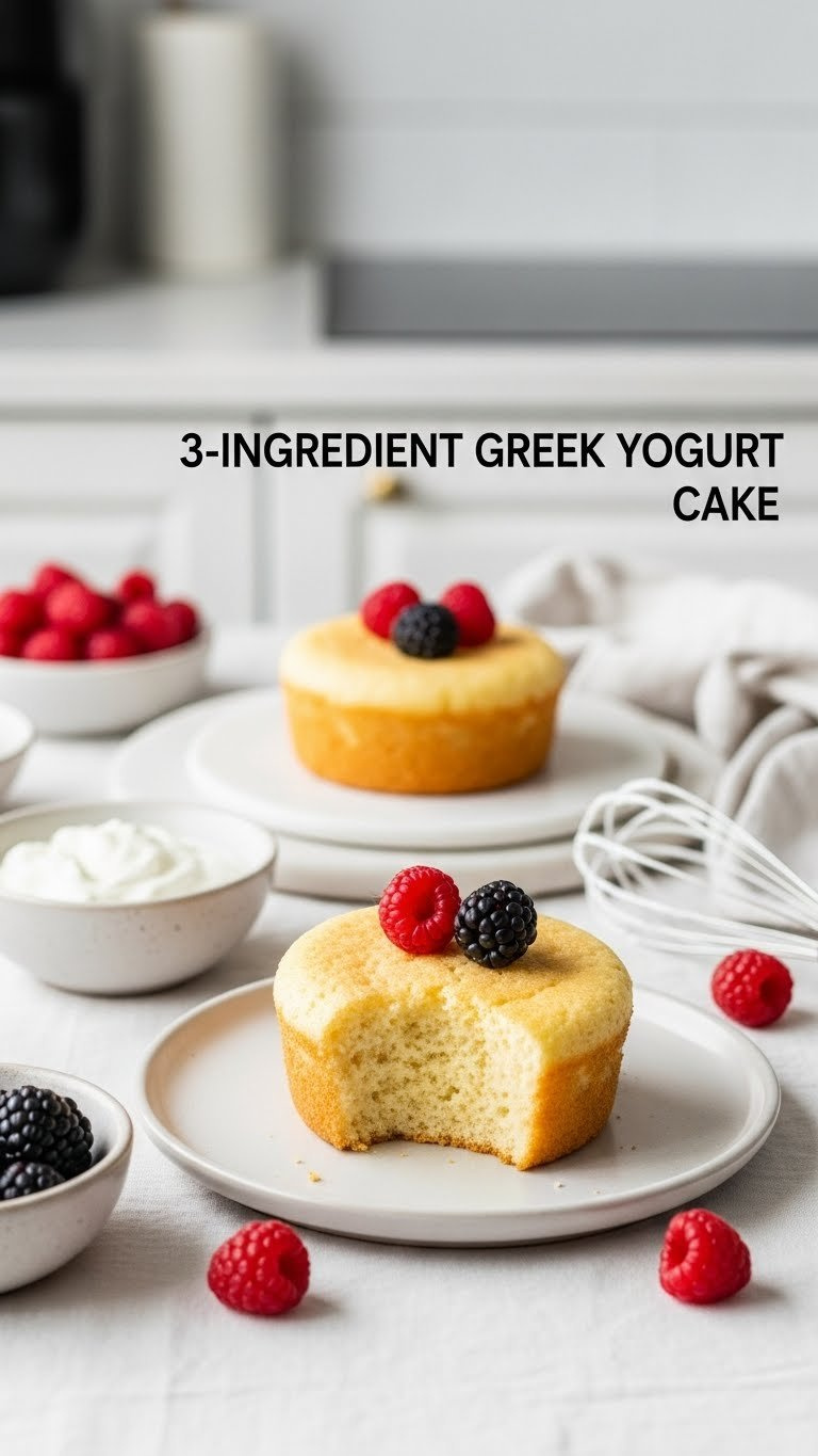 Golden-Brown Three-Ingredient Greek Yogurt Cake With Fresh Berries Scattered Around On White Linen Tablecloth