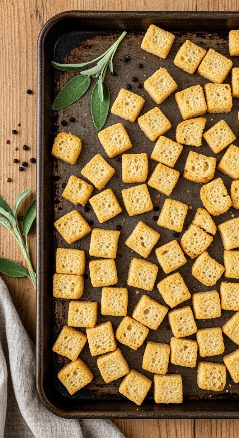 Golden-Brown Toasted Gluten-Free Bread Cubes For Stuffing, Crunchy And Dry, On A Rustic Metal Baking Sheet With Sage And Peppercorns.