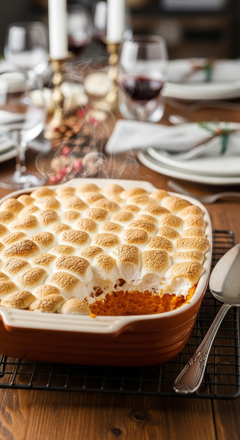 Golden-Brown Toasted Marshmallow Sweet Potato Casserole, Fresh From Oven, Steaming On A Cooling Rack.