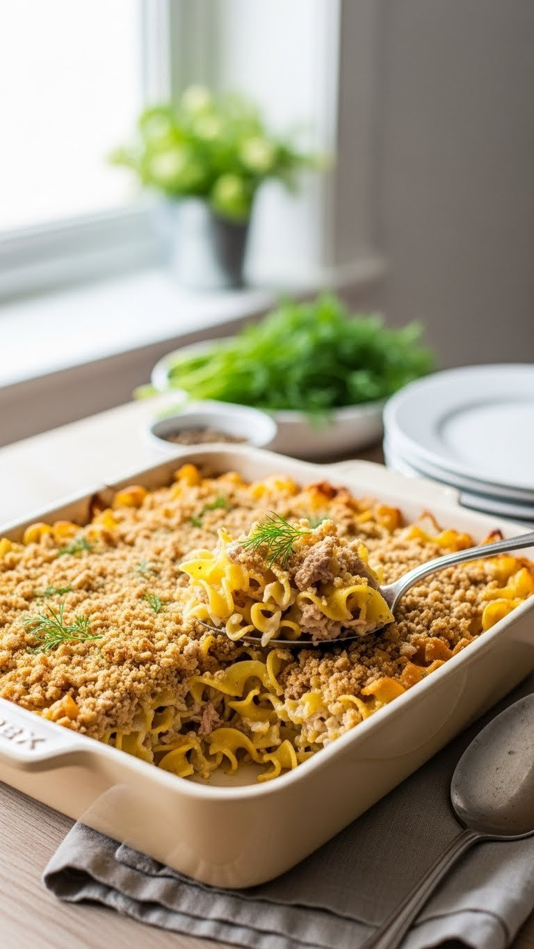 Golden-Brown Tuna Noodle Casserole With Creamy Sauce Clinging To Egg Noodles And Visible Tuna Flakes With Crunchy Topping.