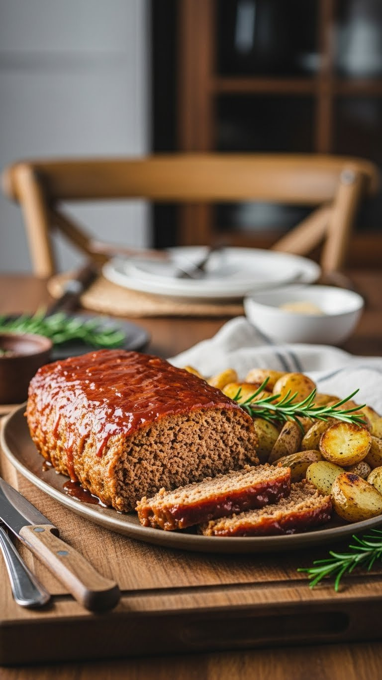 Golden-Brown Turkey Meatloaf Glazed With Sauce Served With Crispy Roasted Baby Potatoes On Rustic Platter