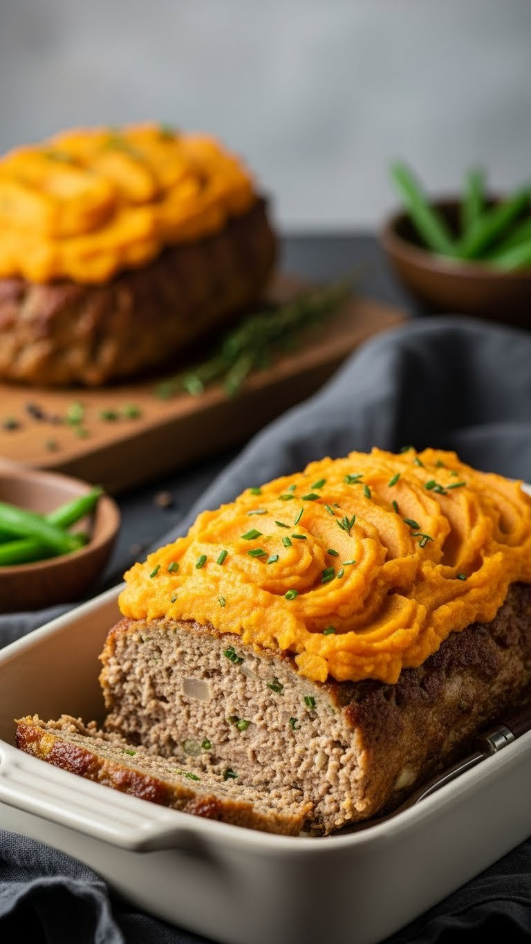 Golden-Brown Turkey Meatloaf With Sweet Potato Mash Topping And Fresh Chives Garnish On Rustic Ceramic Dish