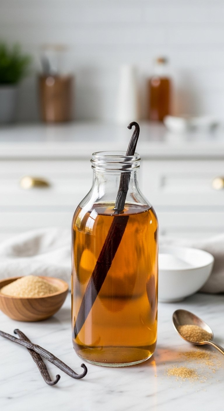 Golden Brown Vanilla Simple Syrup Infusing In A Glass Bottle With A Whole Vanilla Bean On A Marble Countertop With Sugar.