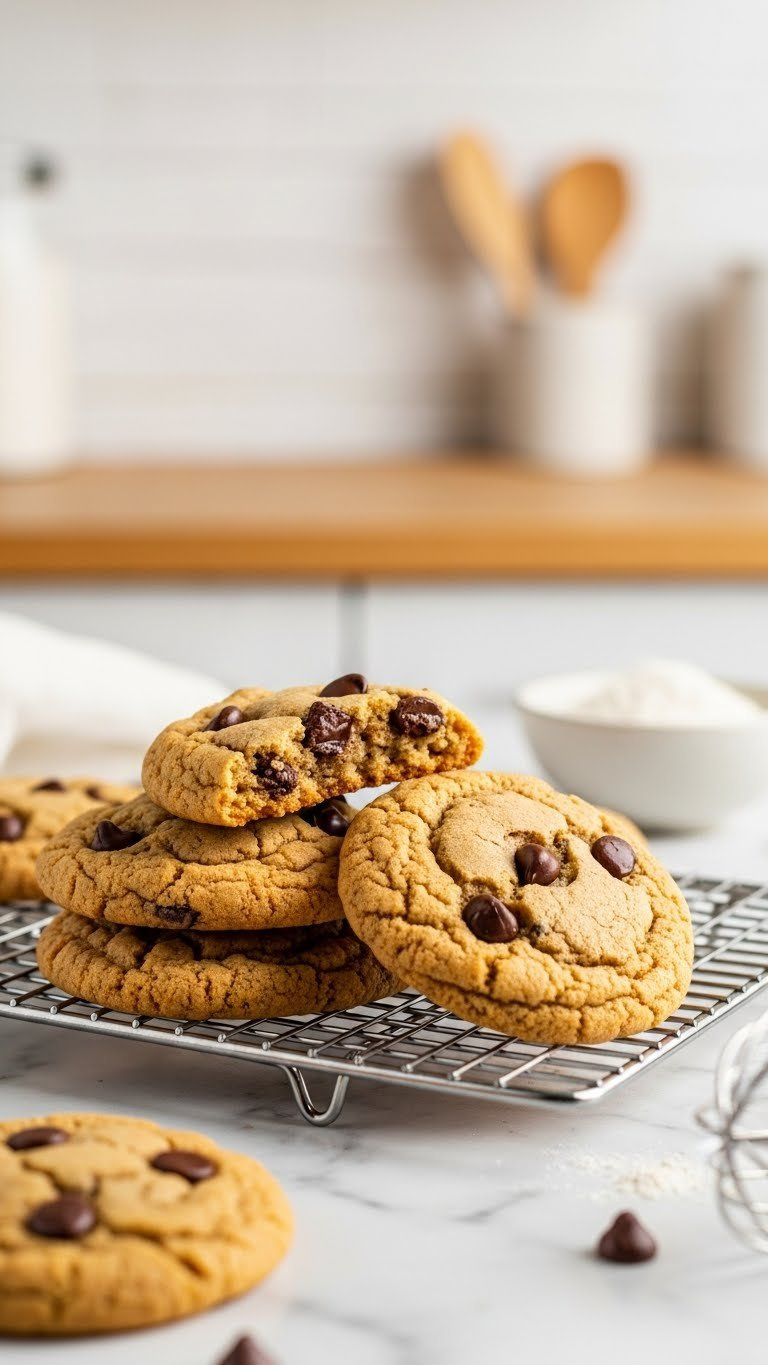 Golden-Brown Vegan Chocolate Chip Cookies On A Cooling Rack, Highlighting Crisp Edges, Moist Texture, And Arrowroot-Bound Chocolate Chips.