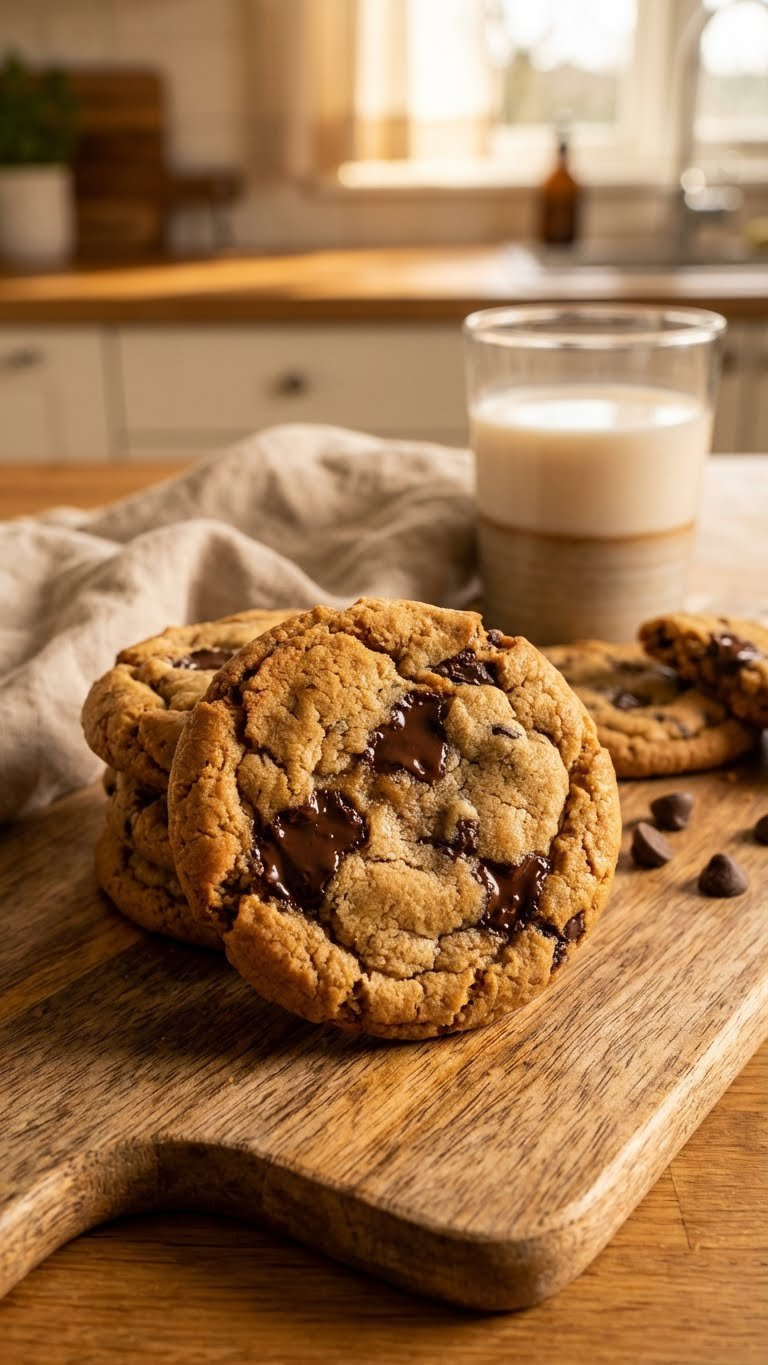 Golden-Brown Vegan Chocolate Chip Cookies With Melted Chocolate Chips On A Rustic Wooden Table With Plant Milk, Evoking A Cozy Feel.