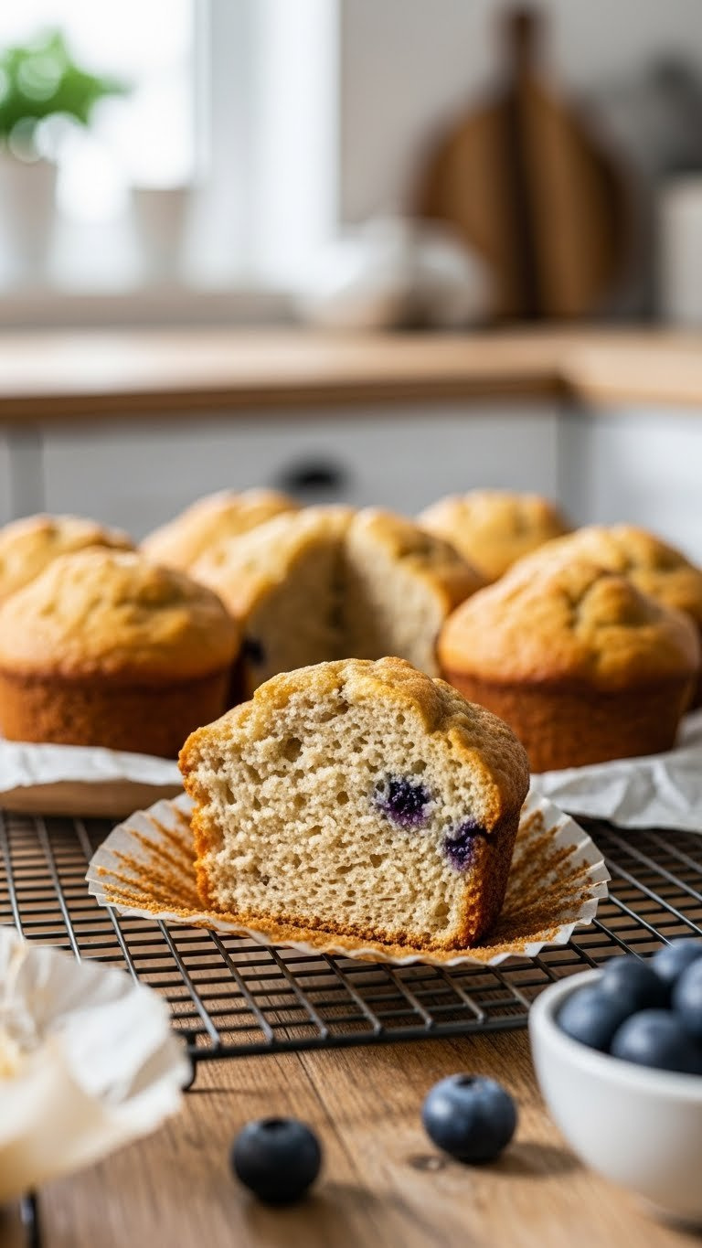 Golden-Brown Vegan Muffin Slice With Blueberries On A Cooling Rack, Highlighting Moist Texture And Rise From Arrowroot Powder On A Rustic Table.