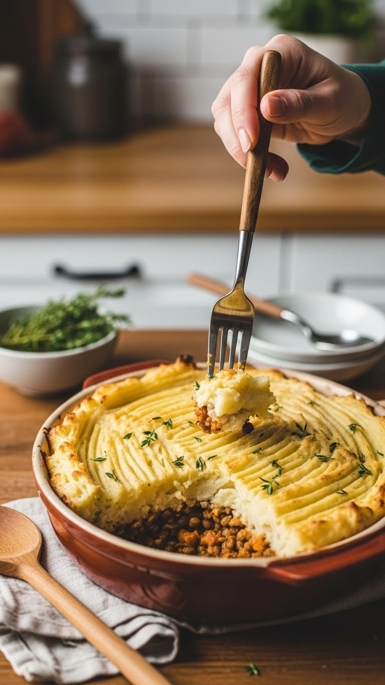 Golden-Brown Vegan Shepherd's Pie With Creamy Mashed Potatoes And Lentil Filling In Rustic Ceramic Dish On Wooden Countertop