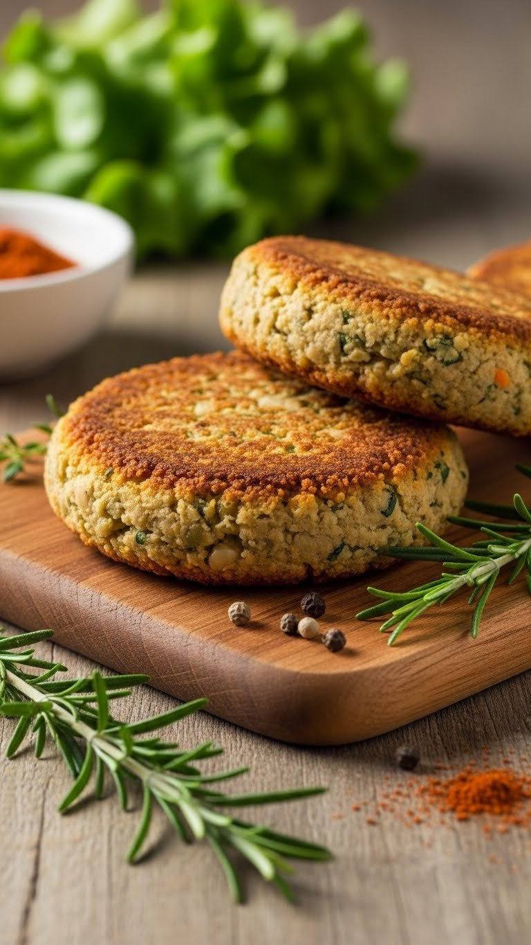 Golden-Brown Vegan Veggie Patties On A Wooden Cutting Board With Fresh Rosemary. Rustic Table, Green Background. Plant-Based Burgers.