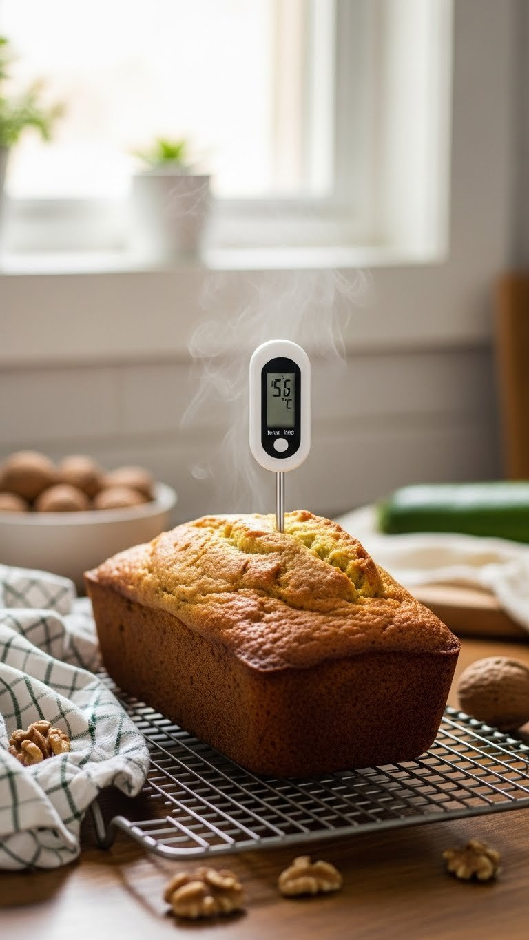 Golden-Brown Vegan Zucchini Bread Loaf Cooling On Rack With Digital Thermometer Inserted Showing Steam
