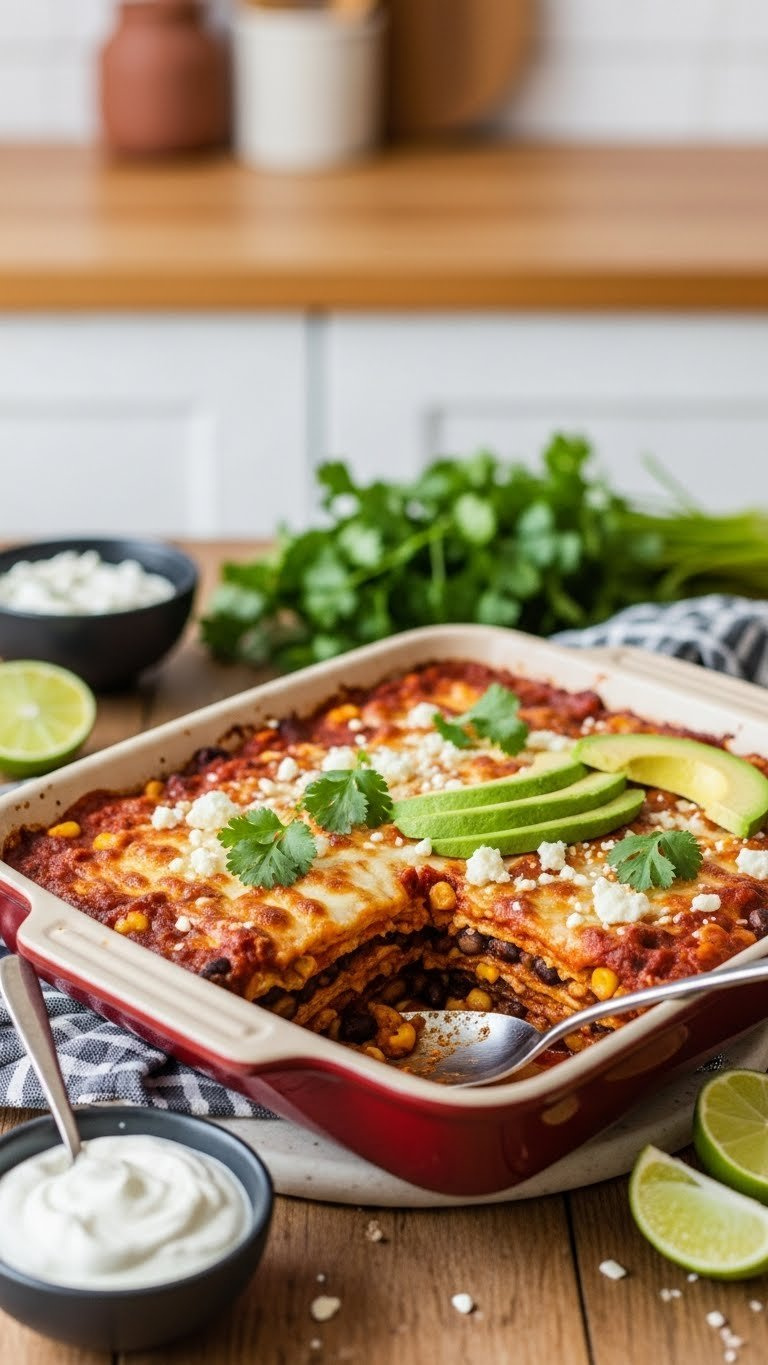 Golden-Brown Vegetarian Enchilada Casserole Bake With Corn Tortillas, Black Beans, Corn, And Melted Cotija Cheese Garnished With Cilantro