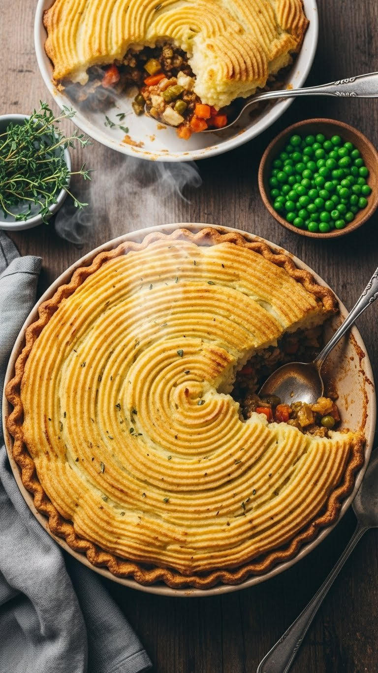 Golden-Brown Vegetarian Shepherd's Pie With Swirled Mashed Potato Topping And Savory Vegetable Filling