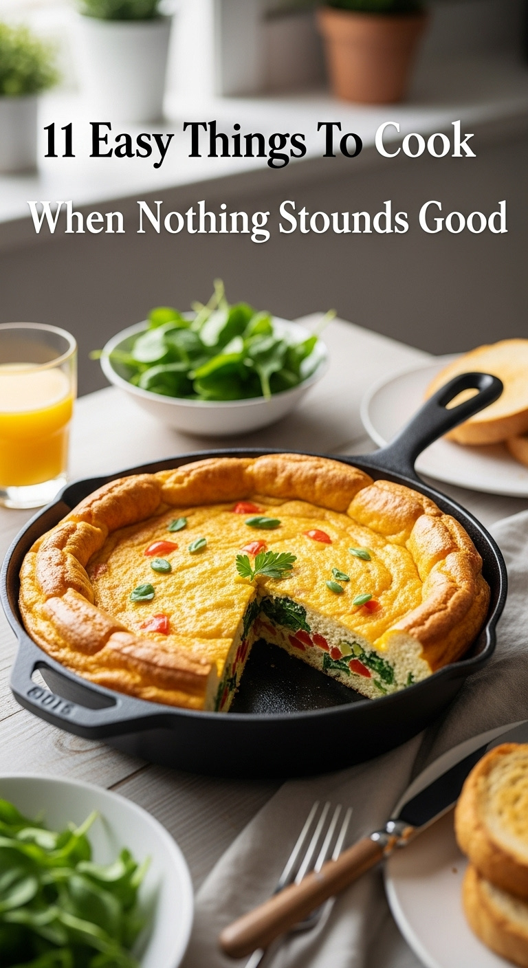 Golden-Brown Veggie Frittata In A Cast-Iron Skillet With Spinach And Red Peppers, Orange Juice, Toast, And Herbs