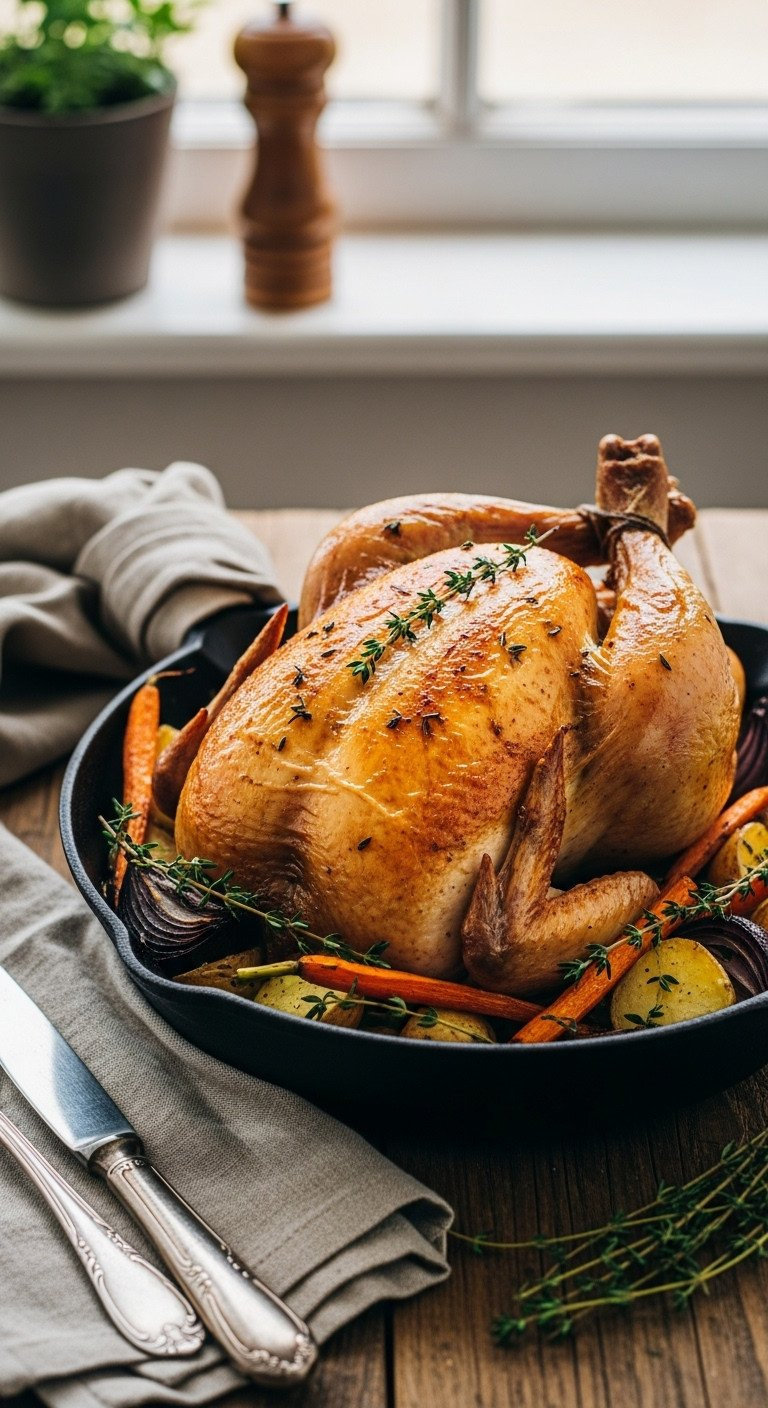 Golden-Brown Whole Roasted Chicken With Crisp Skin, Resting On Roasted Vegetables Like Carrots And Potatoes, Garnished With Thyme.