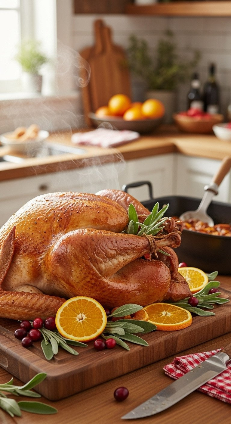 Golden-Brown Whole Roasted Turkey With Crisp Skin, Steam Rising, Garnished With Sage, Orange, And Cranberries For Holiday Dinner.