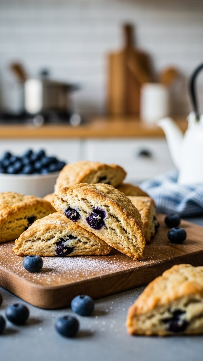 Golden-Brown Whole Wheat Blueberry Scones With Rustic Texture On Wooden Serving Board