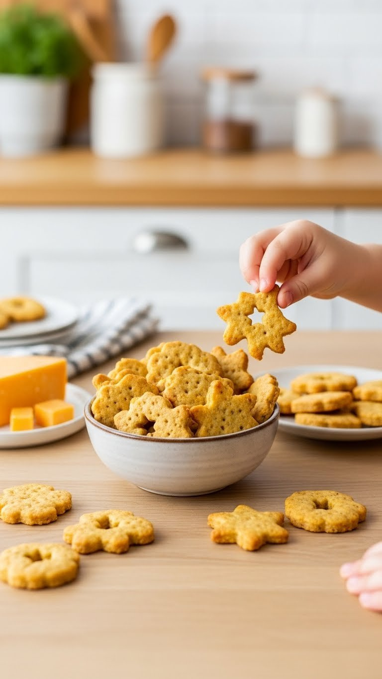 Golden-Brown Whole Wheat Cheese Crackers In Fun Shapes Arranged In Rustic Bowl With Cheddar Cheese Block Nearby.