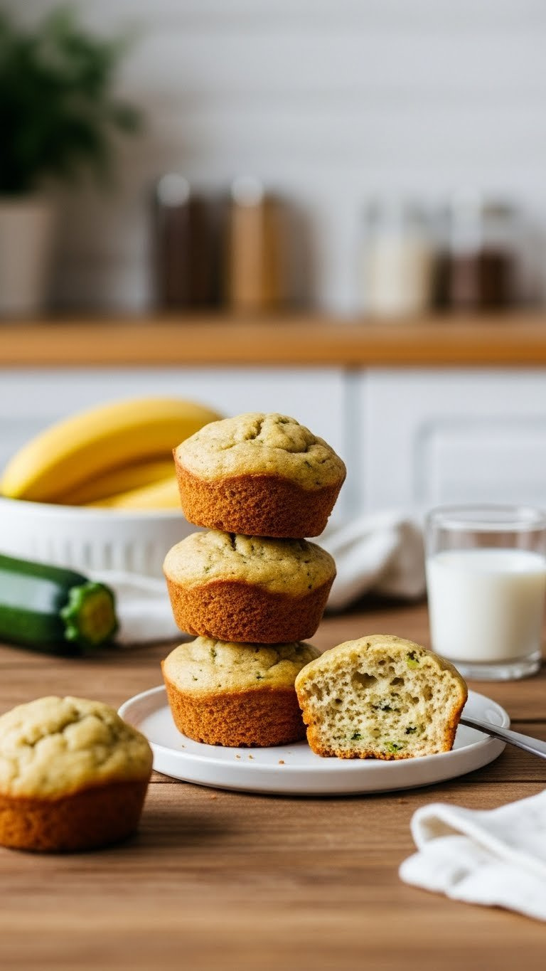 Golden-Brown Zucchini Banana Muffins With Moist Crumb Texture And Visible Green Flecks, Perfect For Toddler Snack Time