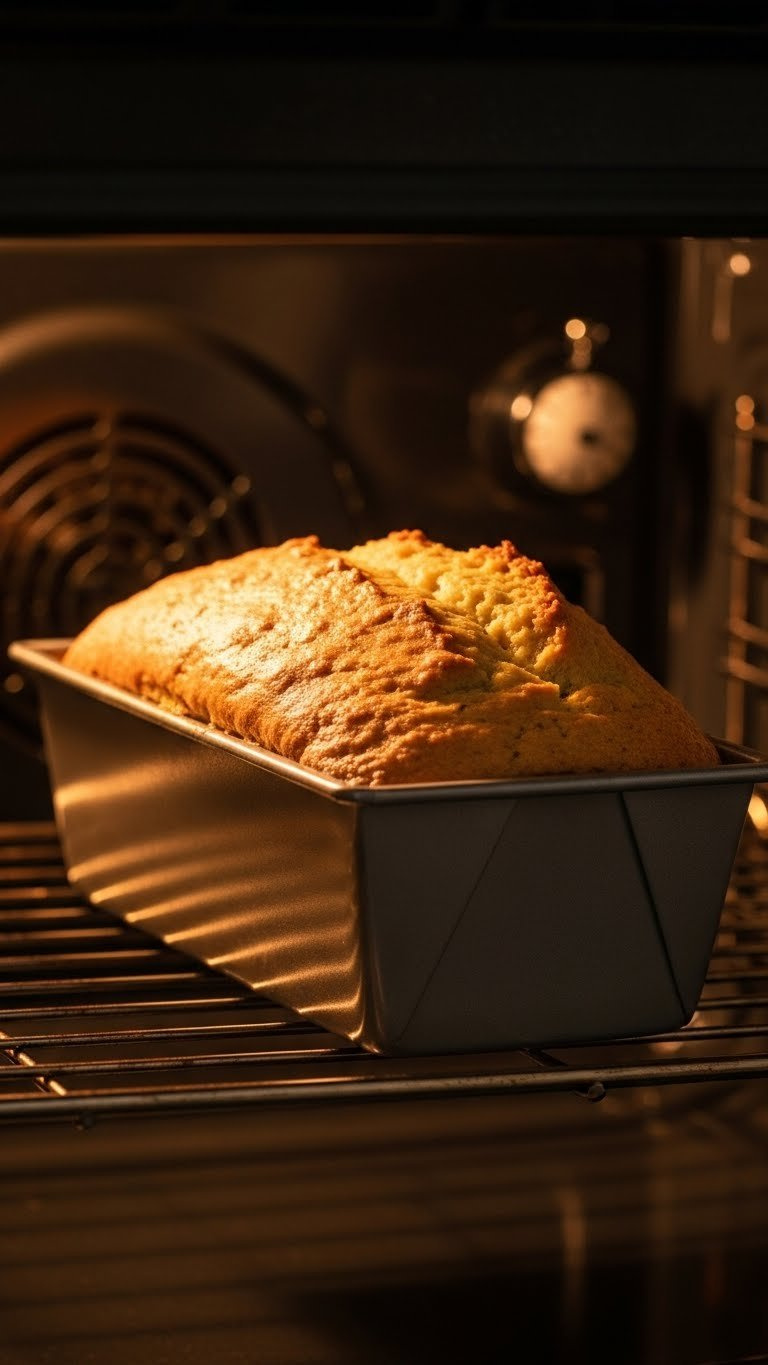 Golden-Brown Zucchini Bread Baking Perfectly Inside Oven With Visible Rise And Crust Through Glass Oven Door Window.
