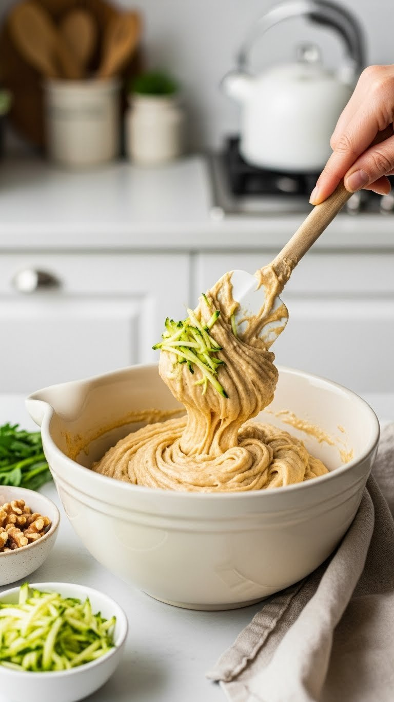 Golden-Brown Zucchini Bread Batter Being Gently Folded With Silicone Spatula In Mixing Bowl