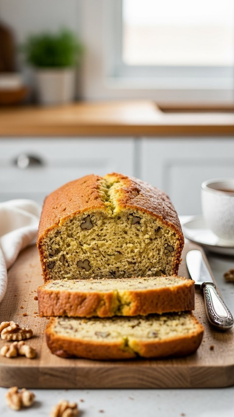Golden-Brown Zucchini Bread Slice On Rustic Cutting Board With Walnuts And Tea In Soft Natural Light